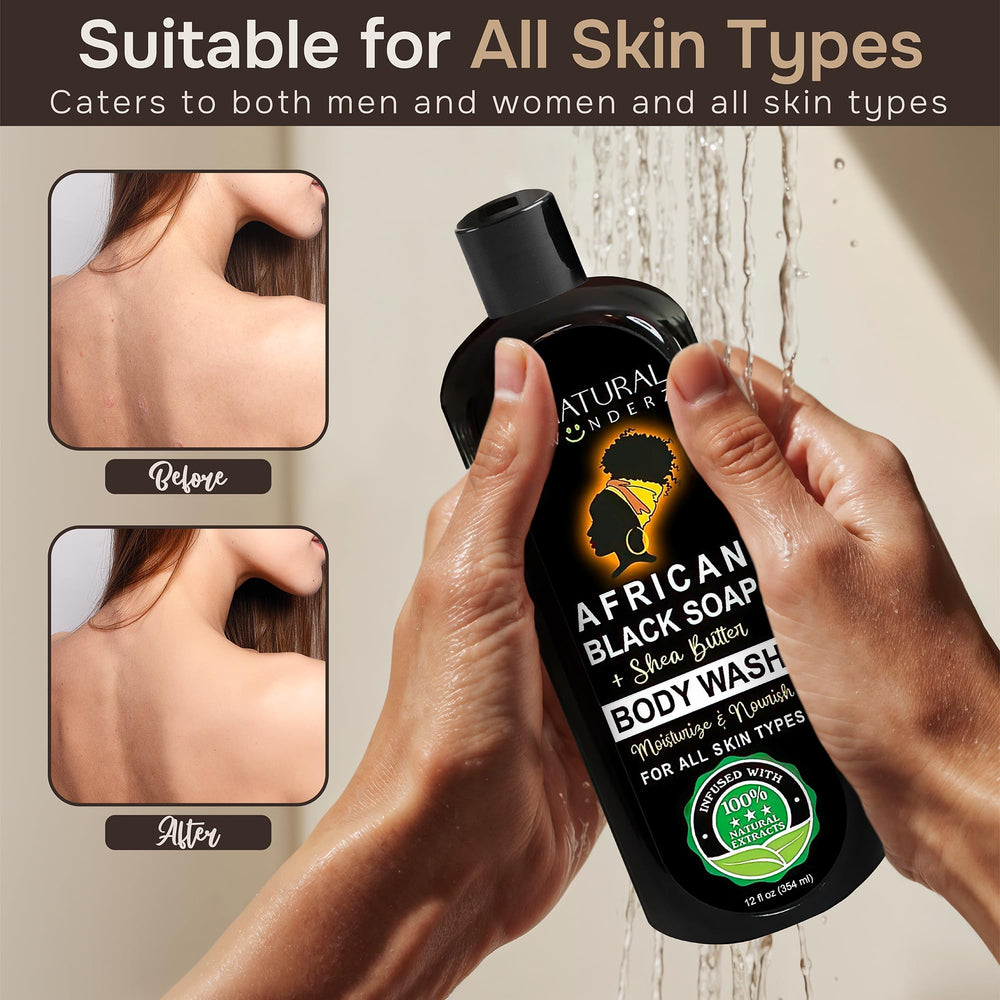 Natural Wunderz African Black Soap Body Wash travel-size bottle for on-the-go cleansing