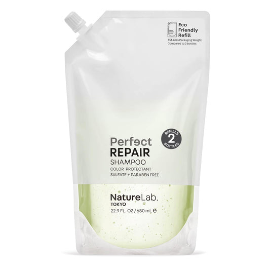 NatureLab.TOKYO Perfect Repair Shampoo bottle shows label for color-treated hair shine