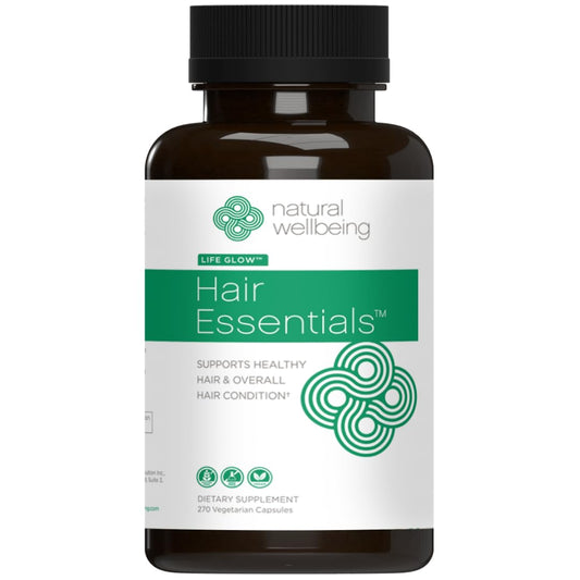 Natural Wellbeing Hair Essentials bottle front with capsules for fuller hair