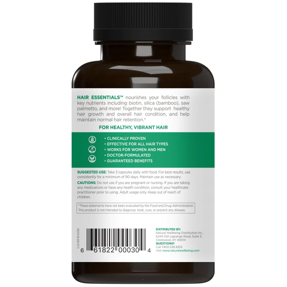 Natural Wellbeing Hair Essentials bottle label highlighting DHT support