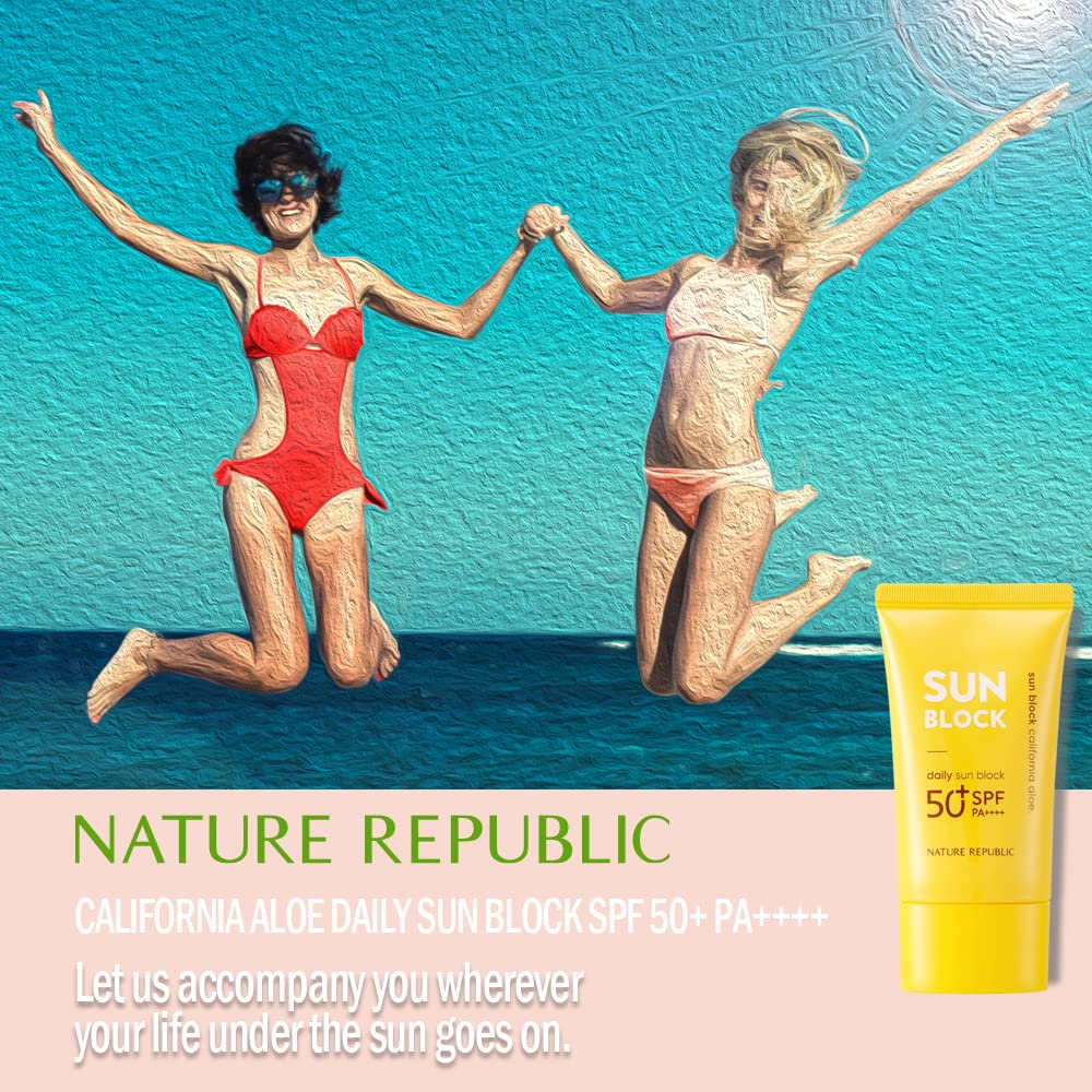 Travel-friendly Nature Republic California Aloe Daily Sun Block bottle for daily outdoor use.