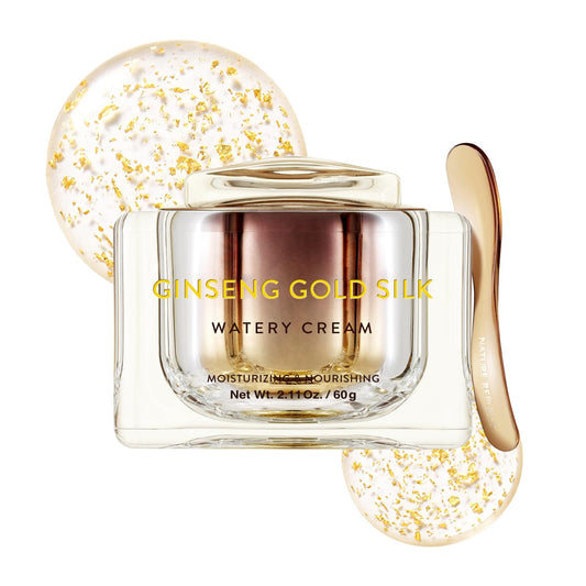 Nature Republic Ginseng Gold Silk Watery Cream jar showing luxurious hydration and subtle glow