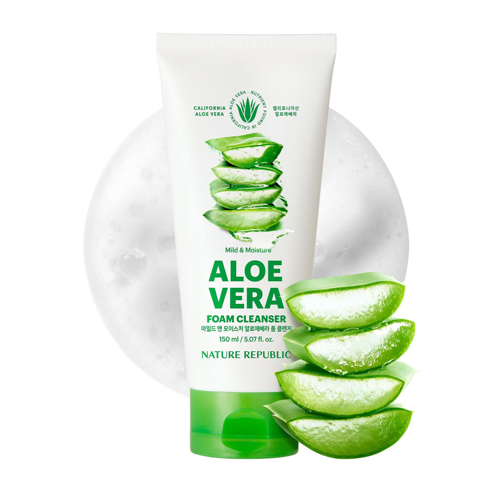 Nature Republic Mild and Moisture Aloe Vera Foam Cleanser bottle for daily hydration and gentle cleansing.