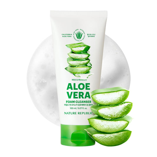 Nature Republic Mild and Moisture Aloe Vera Foam Cleanser bottle for daily hydration and gentle cleansing.