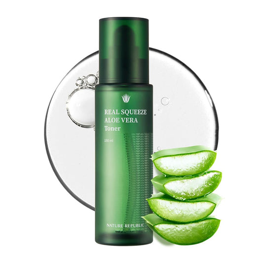Nature Republic Real Squeeze Aloe Vera Toner bottle closeup showing soothing hydration.