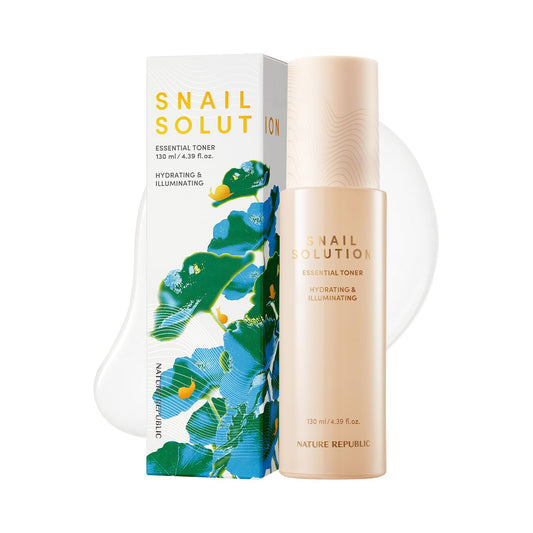 Nature Republic Snail Mucin Toner bottle close-up showing hydrating formula for radiant skin.