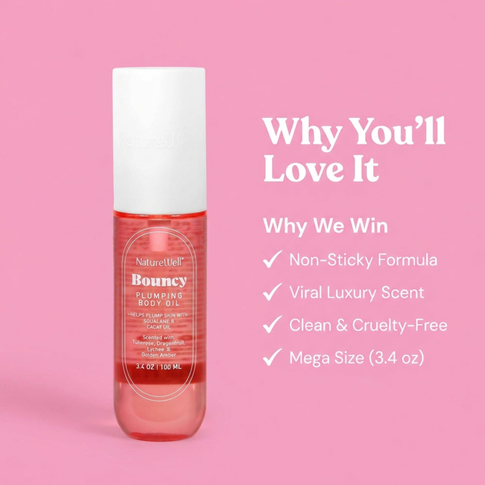 Nature Well Bouncy Plumping Body Oil fragrance notes featuring tuberose and amber aroma.