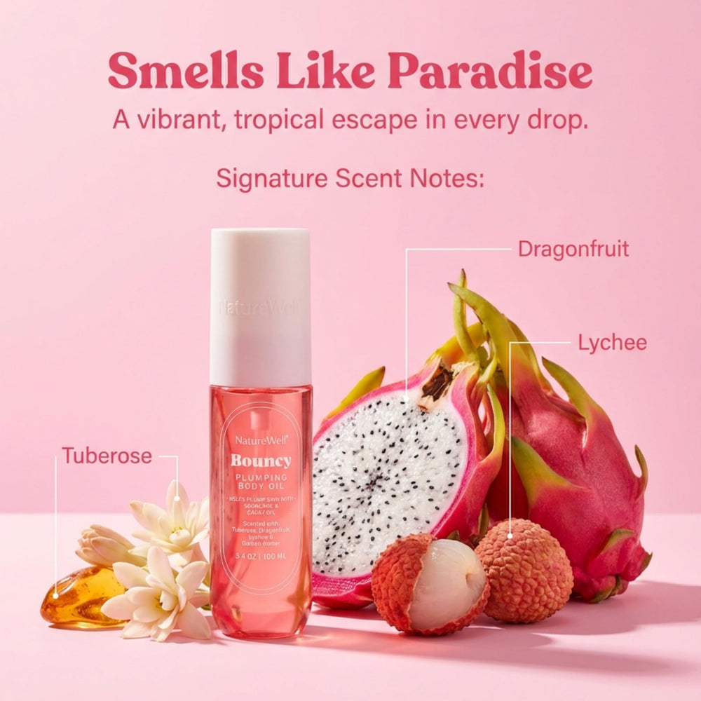 Nature Well Bouncy Plumping Body Oil being poured to reveal smooth texture and moisture.