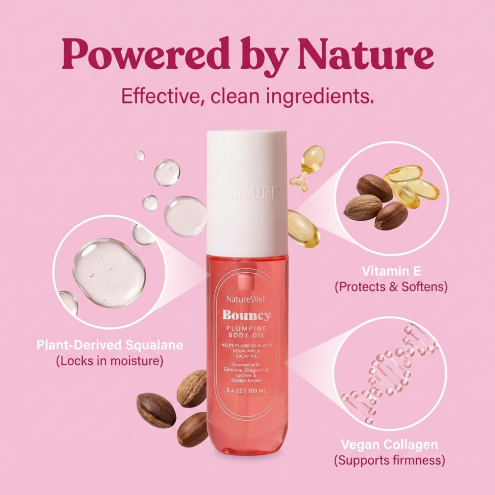Nature Well Bouncy Plumping Body Oil silky texture close-up indicating non-greasy hydration.