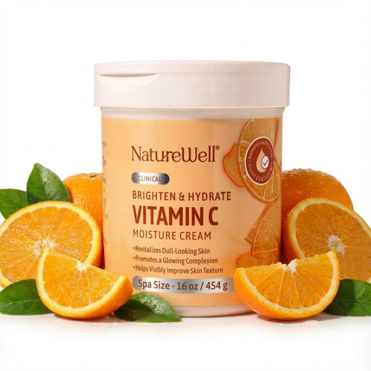 Nature Well Clinical Brighten Vitamin C Moisture Cream jar front hydrates for radiant skin.