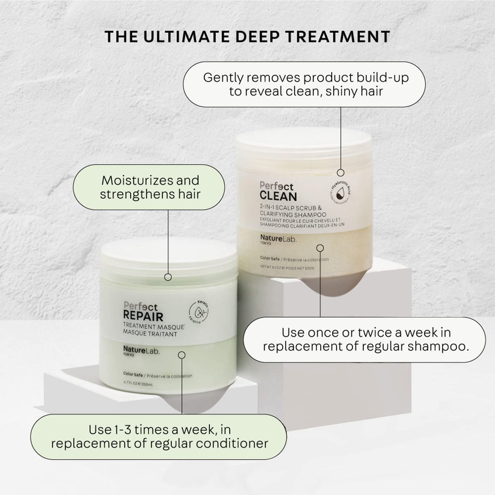 NatureLab.TOKYO Perfect Clean Scrub bottle demonstrates scalp refresh and buildup removal.