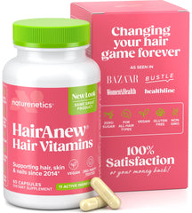 Naturenetics HairAnew bottle front with capsules for hair growth.