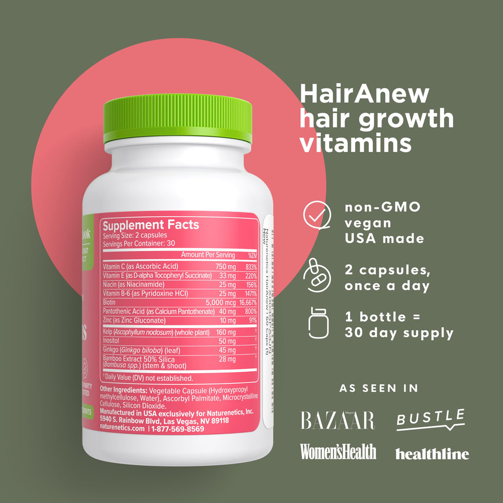 Naturenetics HairAnew capsules laid out for daily hair support.