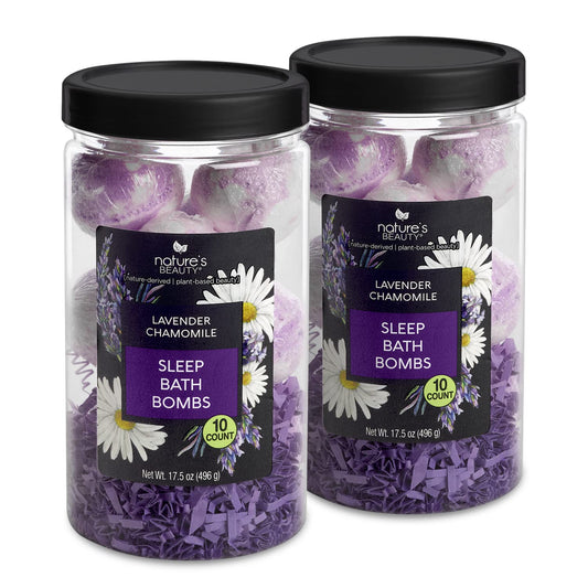 Nature's Beauty Lavender Chamomile sleep bath bombs in gift-set packaging for a tranquil at-home ritual