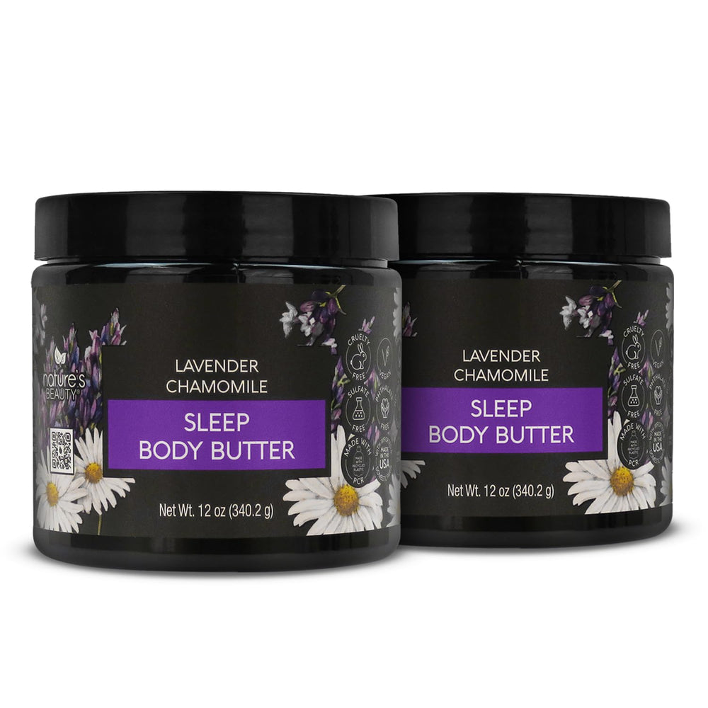 Nature's Beauty Lavender Chamomile Sleep Body Butter 2-pack close-up on jars, calming bedtime ritual.