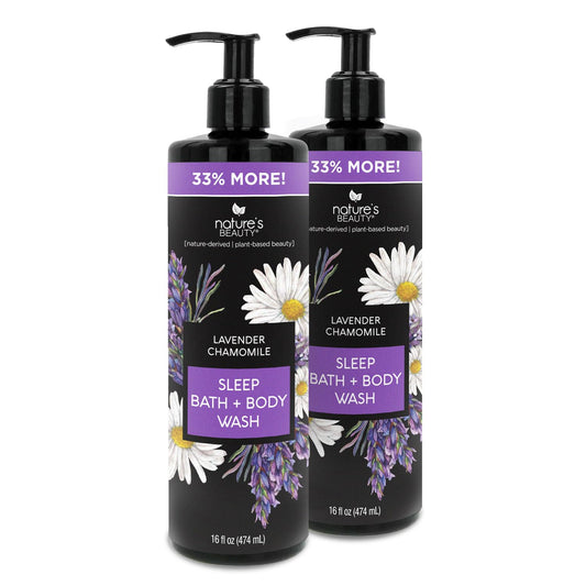 Nature's Beauty Lavender Chamomile Sleep Body Wash bottle pour for calming routine