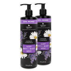 Nature's Beauty Lavender Chamomile Sleep Body Wash bottle pour for calming routine