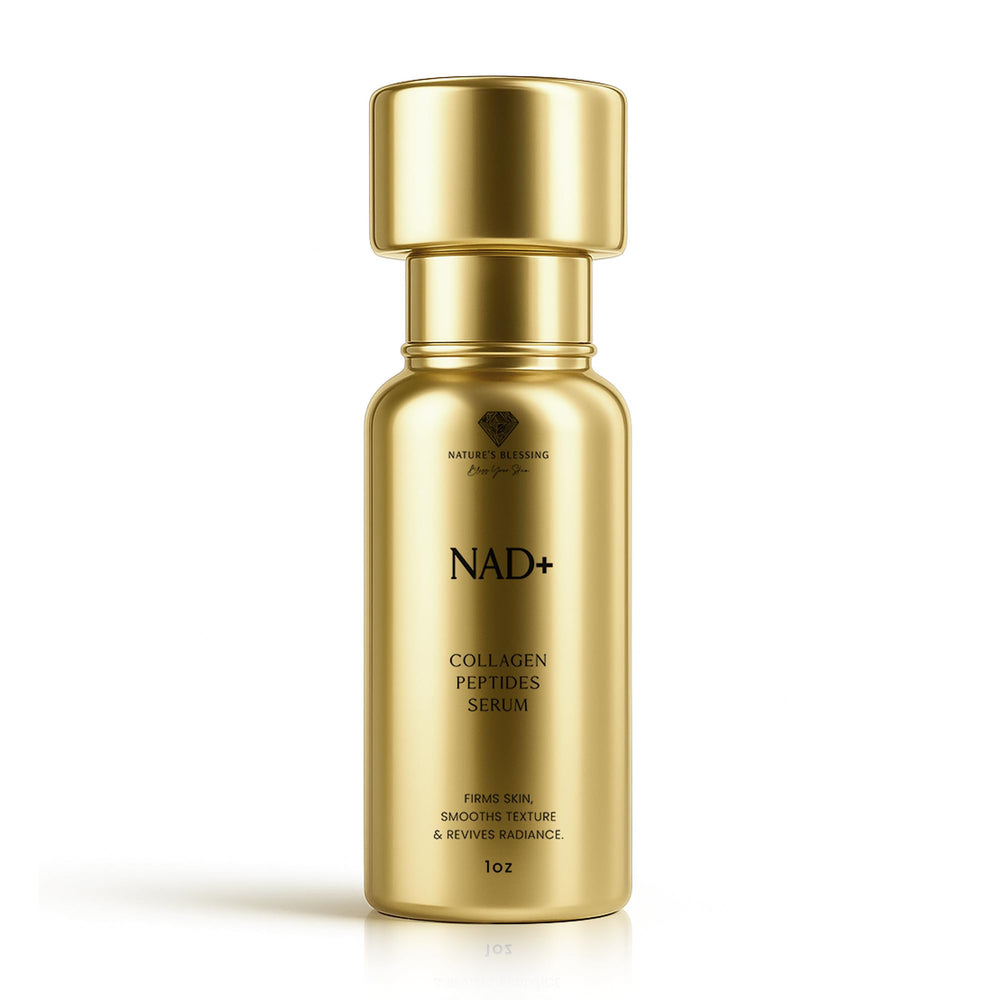 Nature's Blessing NAD+ Serum bottle highlights hydration for radiant skin.