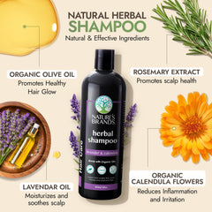 Herbal Choice Mari lavender calendula shampoo with lavender buds and calendula petals for soothing use.
