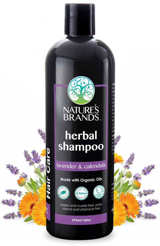 Nature's Brands Herbal Choice Mari lavender calendula shampoo bottle highlighting organic ingredients.