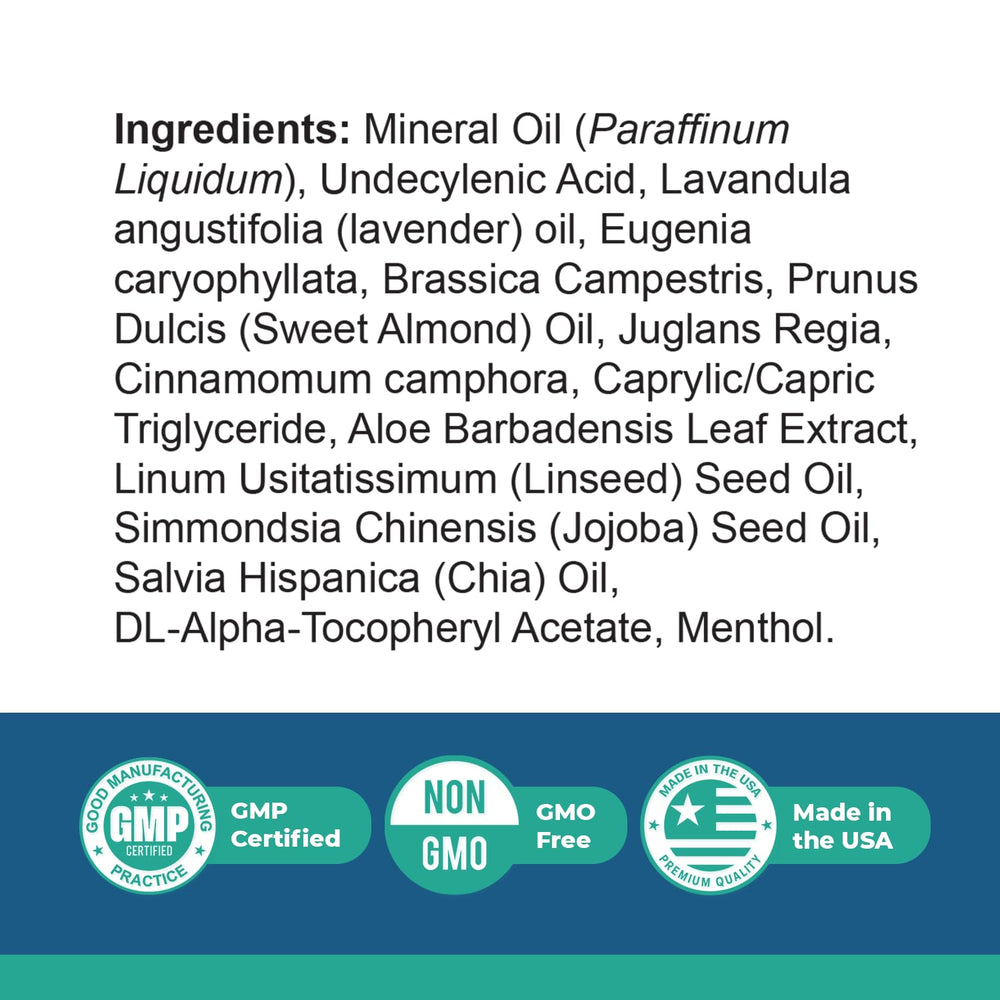 Nature’s NutriWave Blinzador ingredients label highlighting lavender, almond, jojoba, chia oils.