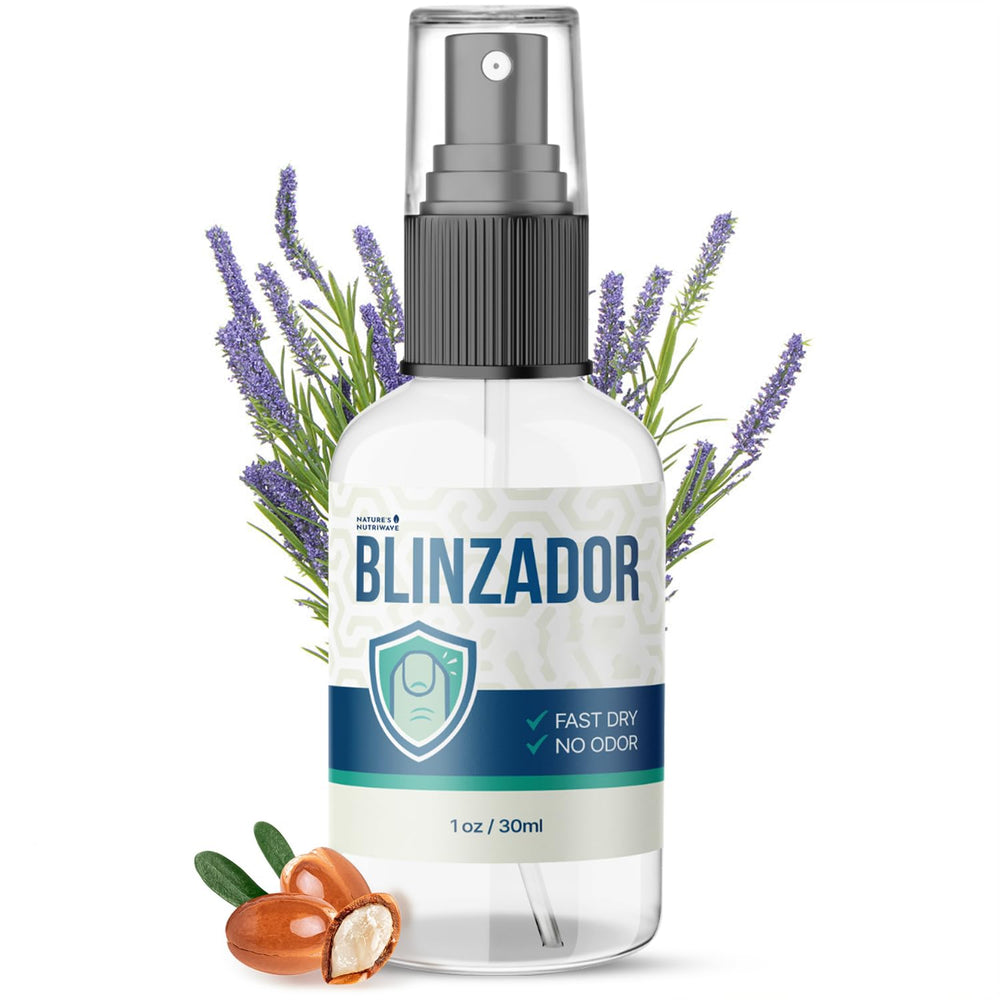 Nature’s NutriWave Blinzador spray bottle close-up for fast-drying foot care.