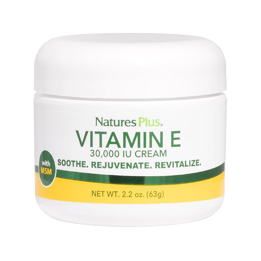 NaturesPlus Vitamin E Cream jar close-up, highlighting rich hydration.