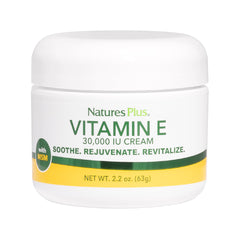 NaturesPlus Vitamin E Cream jar close-up, highlighting rich hydration.