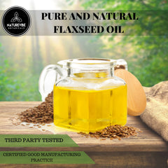 Close-up of Naturevibe Botanicals flaxseed oil—amber bottle preserves freshness.