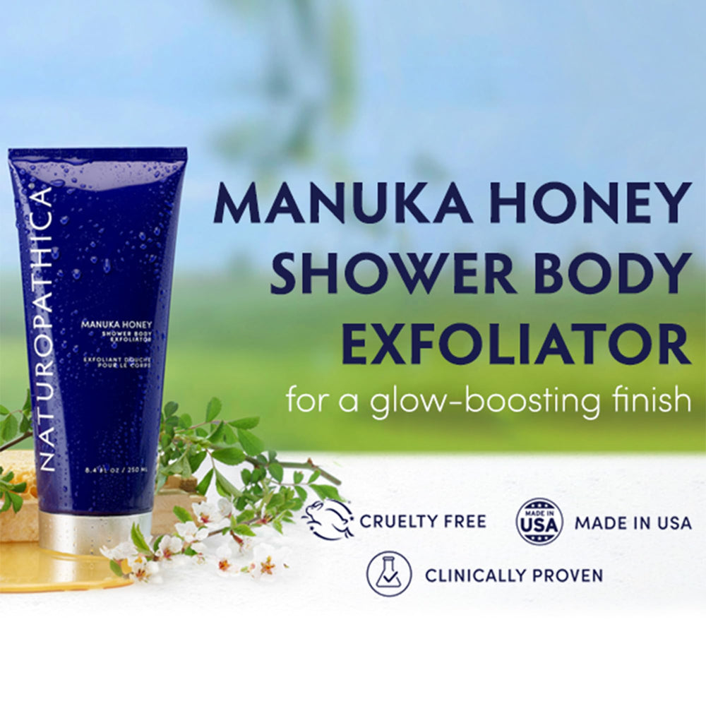 Naturopathica exfoliator ingredients label highlighting Manuka honey and AHAs.