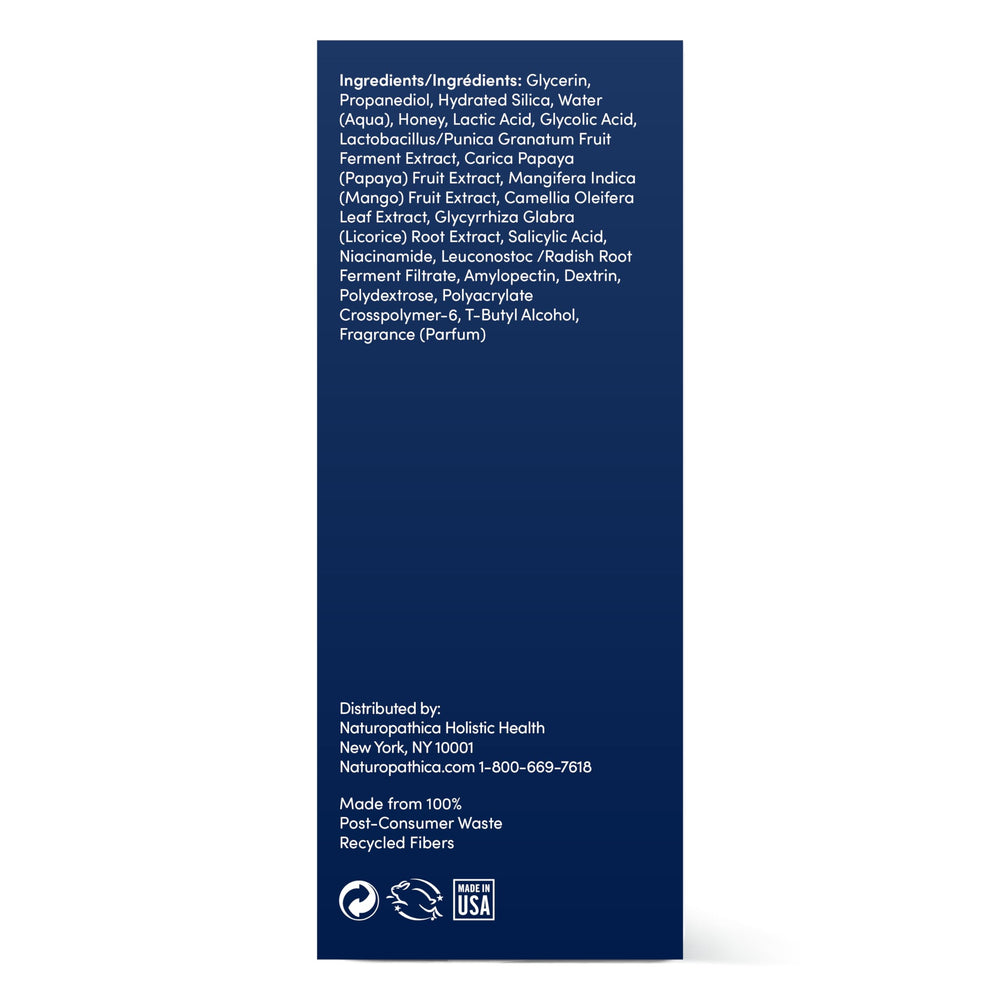 Naturopathica Manuka Honey Exfoliator USA-made seal.