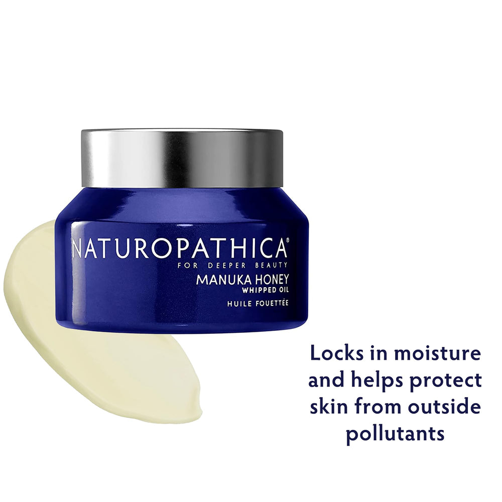 Naturopathica Manuka Honey Whipped Oil packaging and jar display for clean beauty.