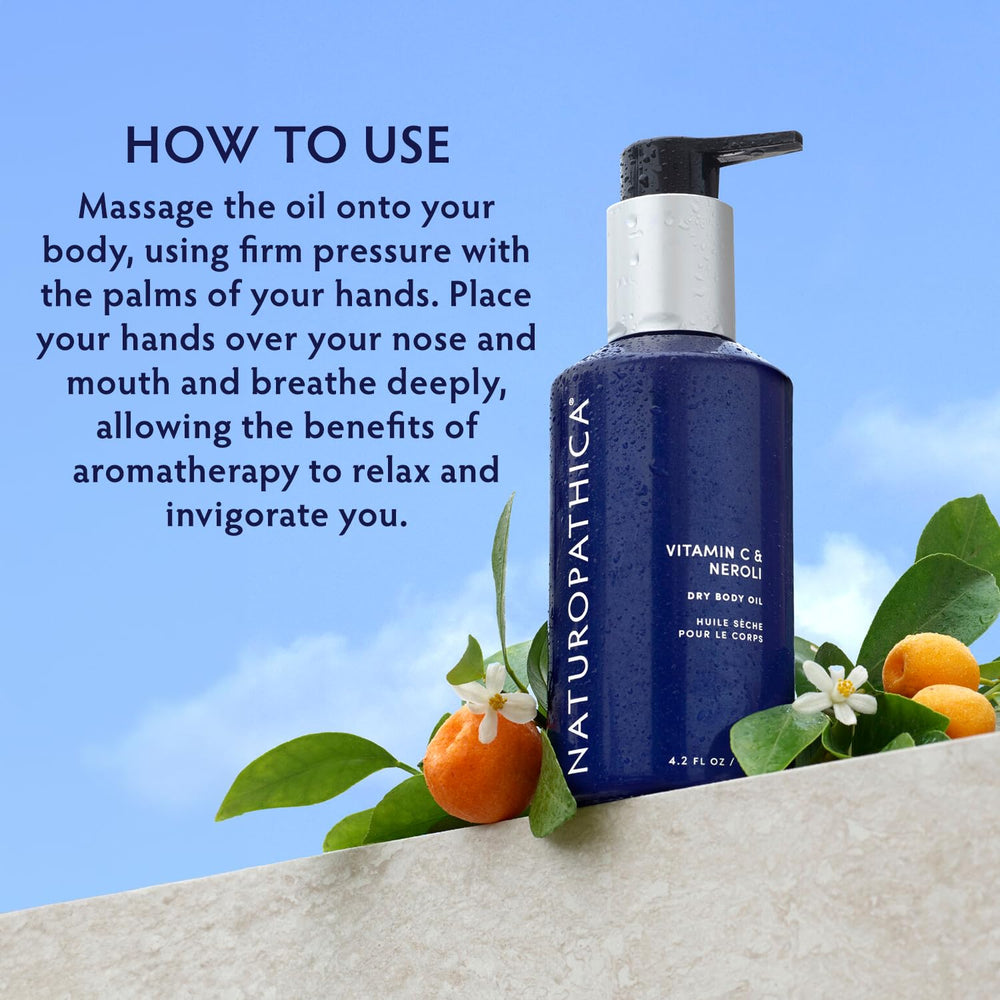 Naturopathica Vitamin C Neroli Dry Body Oil being applied after shower for quick absorption