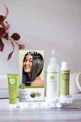 Naturtint 1N Ebony Black at-home application scene demonstrates easy, mess-free coloring.