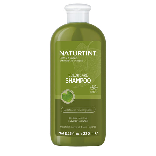 Naturtint Color Care Shampoo bottle pour shows color-safe cleansing for color-treated hair.