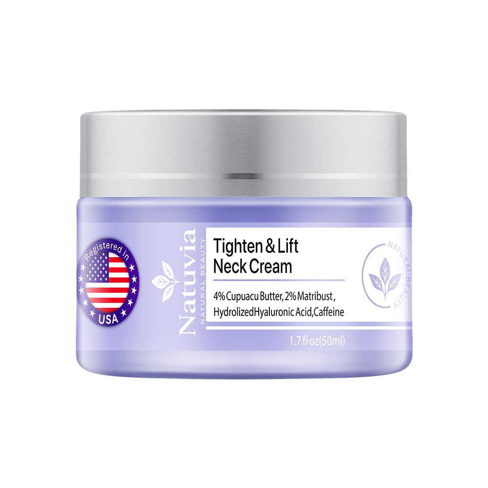 Natuvia Tighten Neck Cream bottle closeup showing premium packaging and hydration potential.