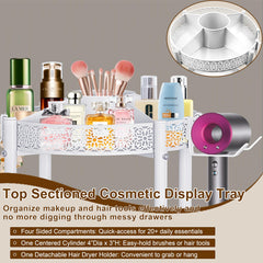 NauwaBarn rolling makeup cart with hair dryer holder demonstrates convenient tool access.