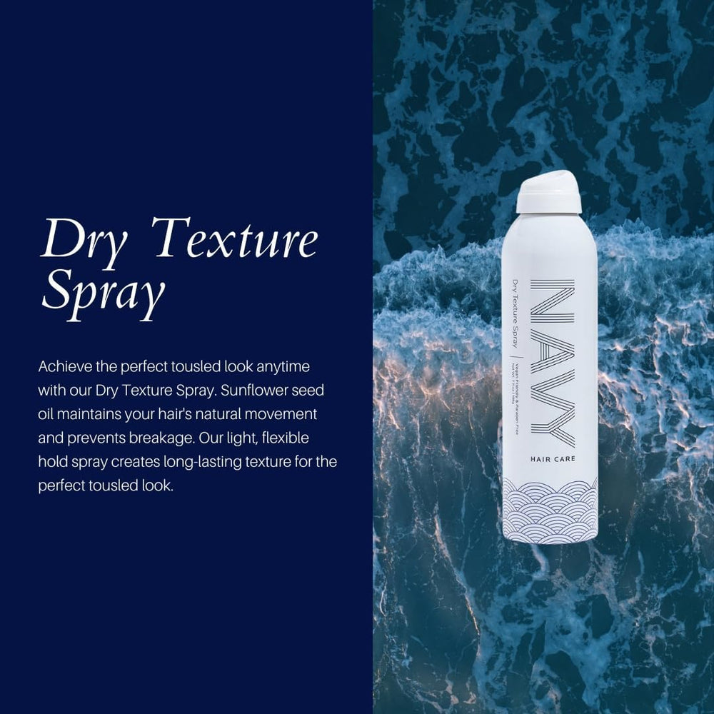 Navy Dry Texture Spray scrunches into a styled ponytail with flexible hold.