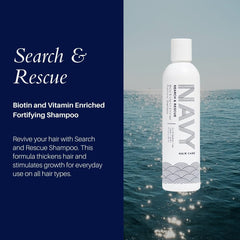 NAVY HAIR CARE Search and Rescue shampoo being poured, rich lather in hand.