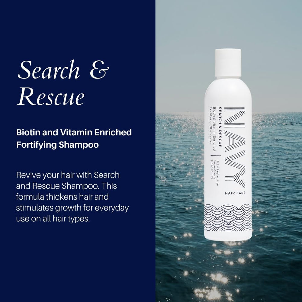 NAVY HAIR CARE Search and Rescue ingredients including panthenol and rosemary promote nourished scalp