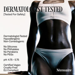 Nécessaire dermatologist tested badge on packaging indicating skin compatibility.