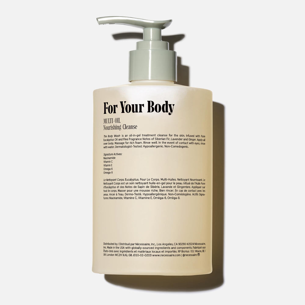 Nécessaire Eucalyptus body wash bottle close-up showing modern packaging.