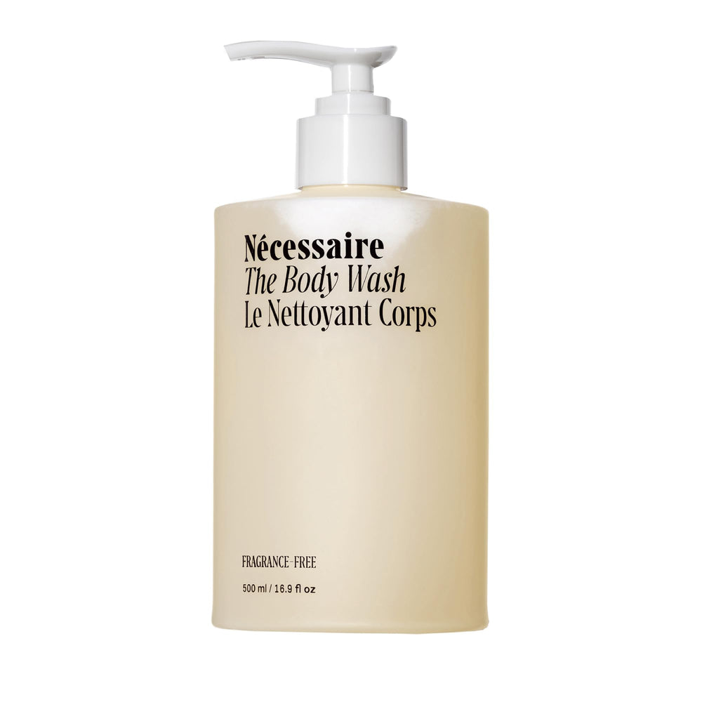 Nécessaire fragrance-free body wash bottle showing gentle cleansing for sensitive skin.