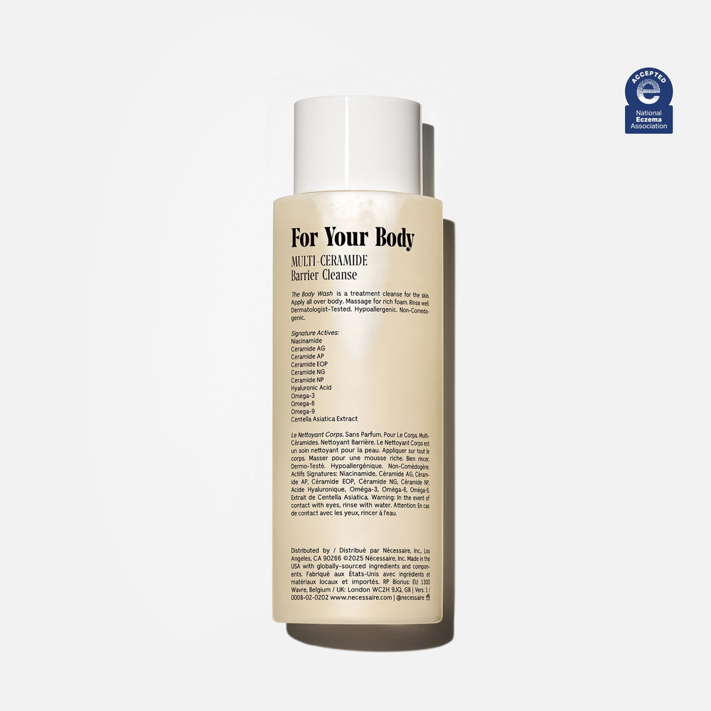 Nécessaire fragrance-free body wash ceramides closeup highlights barrier-support ingredients.