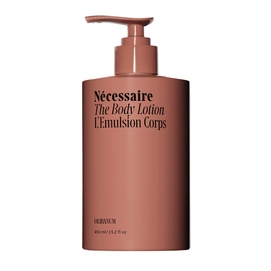 Front view of Nécessaire Olibanum body lotion bottle showing brand and hydration focus.