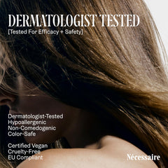 Nécessaire Rosemary Leave-In Mask label close-up shows dermatologist-tested status.