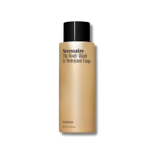 Nécessaire Sandalwood Body Wash bottle showcases a nourishing vitamin-rich gel for soft skin