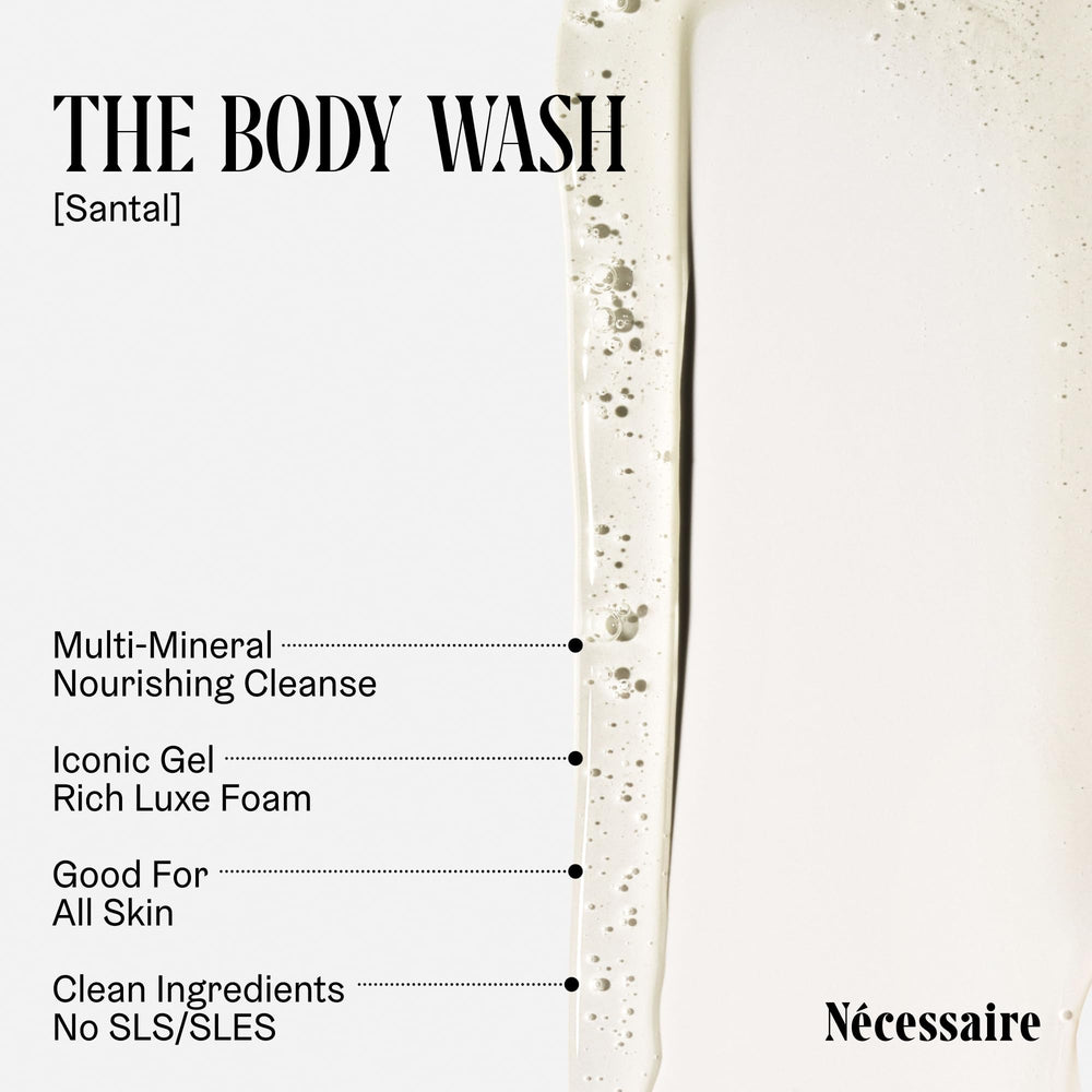 Nécessaire Santal bottle label close-up emphasizing minimalist design