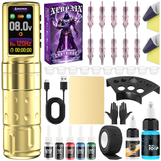 NEDPAIN wireless tattoo machine pen kit ready-for-practice setup for clean lines