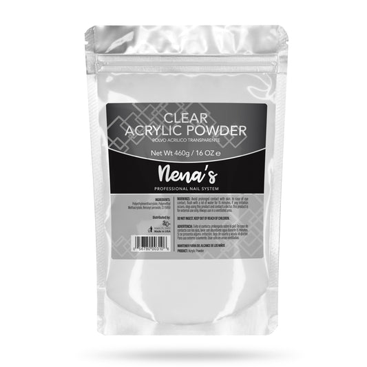 Nena's Sculpting Powder clear bottle shows crystal-clear finish for seamless nails